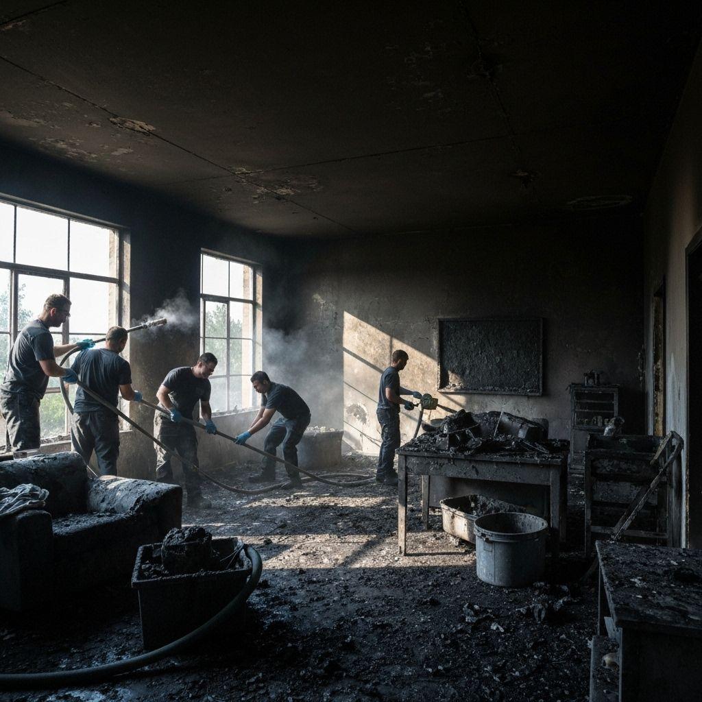 Soot and smoke residue being removed from interior surfaces after a house fire
